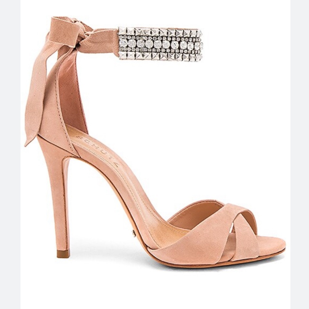 SCHUTZ Blush Pink Suede Crystal Ankle-Tie Heels